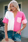 Color Block Textured Johnny Collar Blouse Hot Pink Blouses - Tophatter Daily Deals