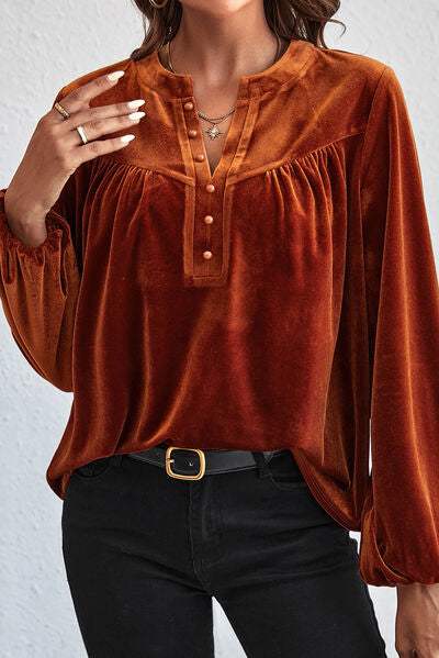 Ruched Decorative Button Notched Blouse Blouses - Tophatter Daily Deals