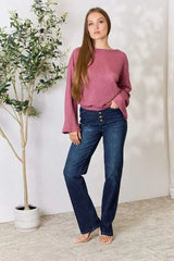 Culture Code Full Size Waffle-Knit Round Neck Long Sleeve Blouse Blouses - Tophatter Daily Deals