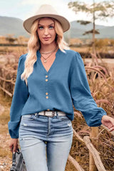 V-Neck Balloon Sleeve Button-Up Blouse Sky Blue Blouses - Tophatter Daily Deals