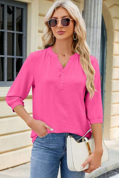 Notched Three-Quarter Sleeve T-Shirt Women's T-Shirts - Tophatter Daily Deals