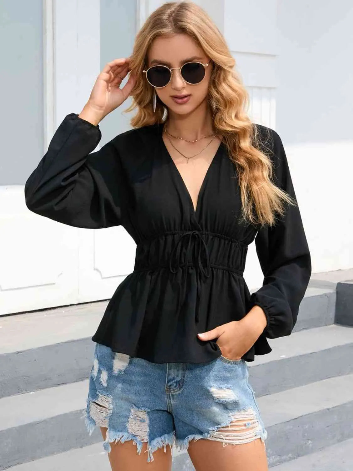 Balloon Sleeve Plunge Peplum Blouse Black Blouses - Tophatter Daily Deals