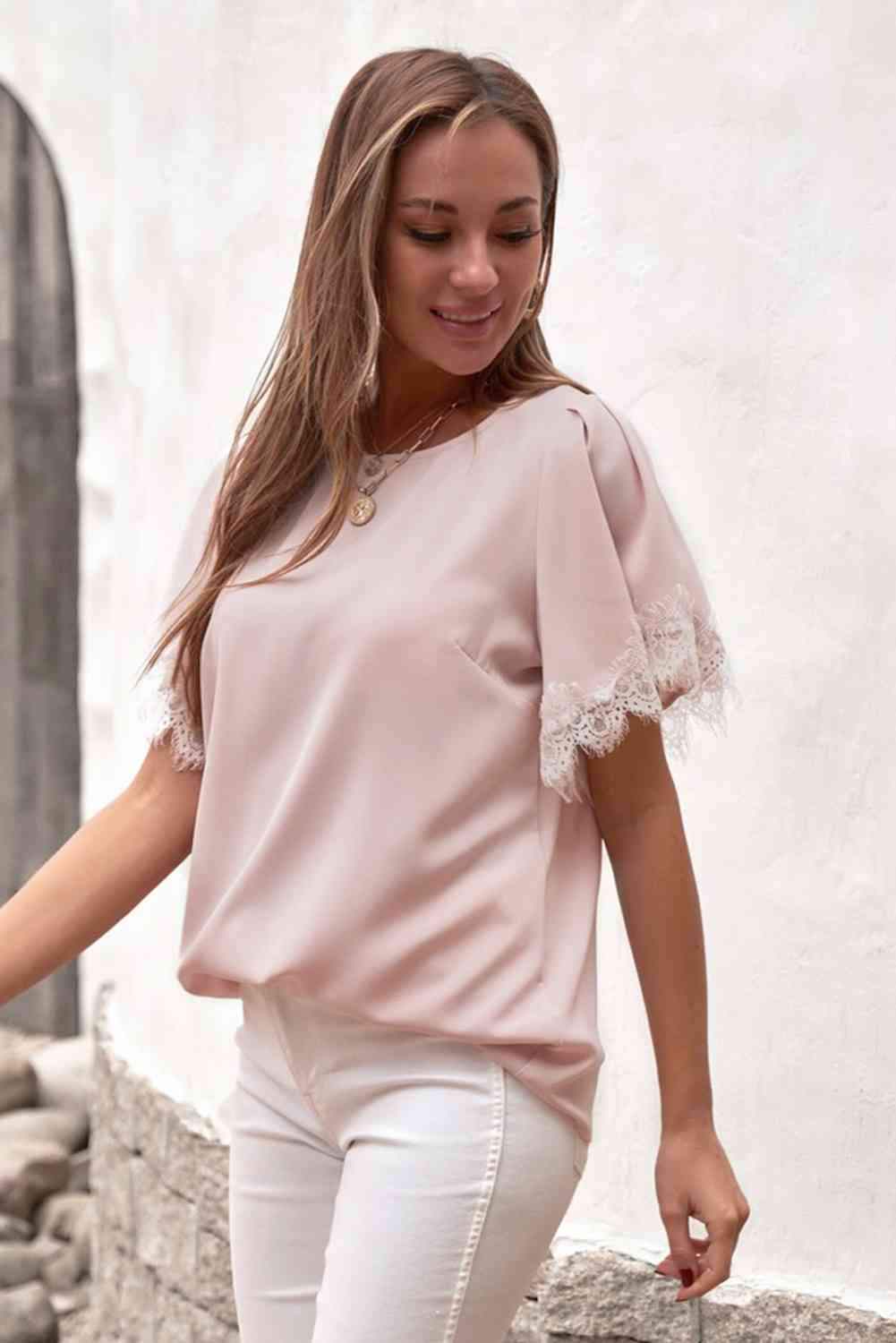 Lace Trim Flutter Sleeve Blouse Blouses - Tophatter Daily Deals