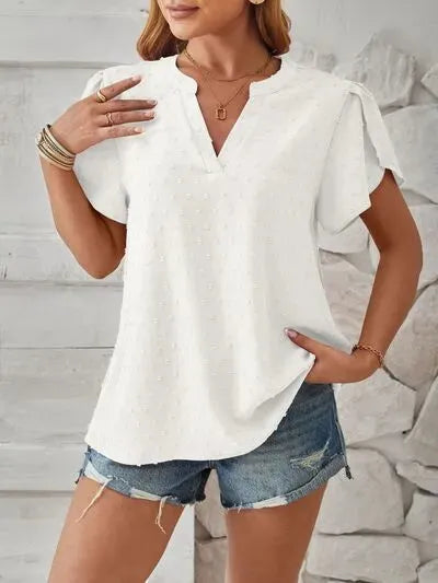 Swiss Dot Notched Petal Sleeve T-Shirt Women's T-Shirts - Tophatter Daily Deals