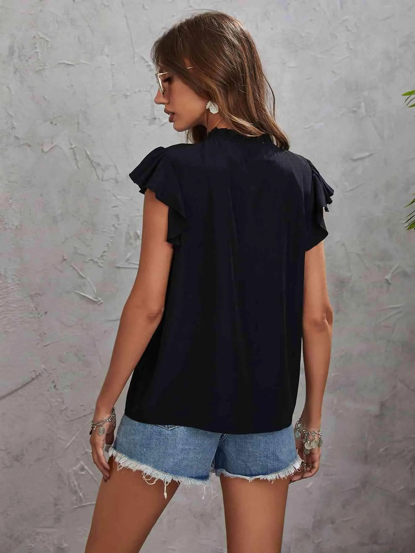 Tie Neck Flutter Sleeve Top Blouses - Tophatter Daily Deals