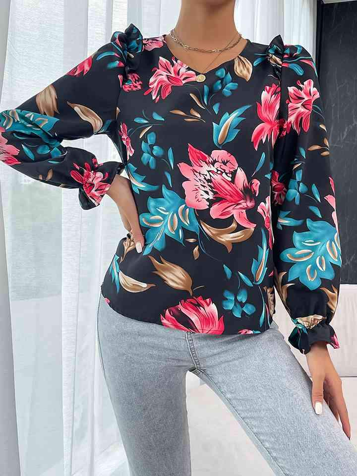 Floral Ruffle Shoulder Flounce Sleeve Blouse Black Blouses - Tophatter Daily Deals