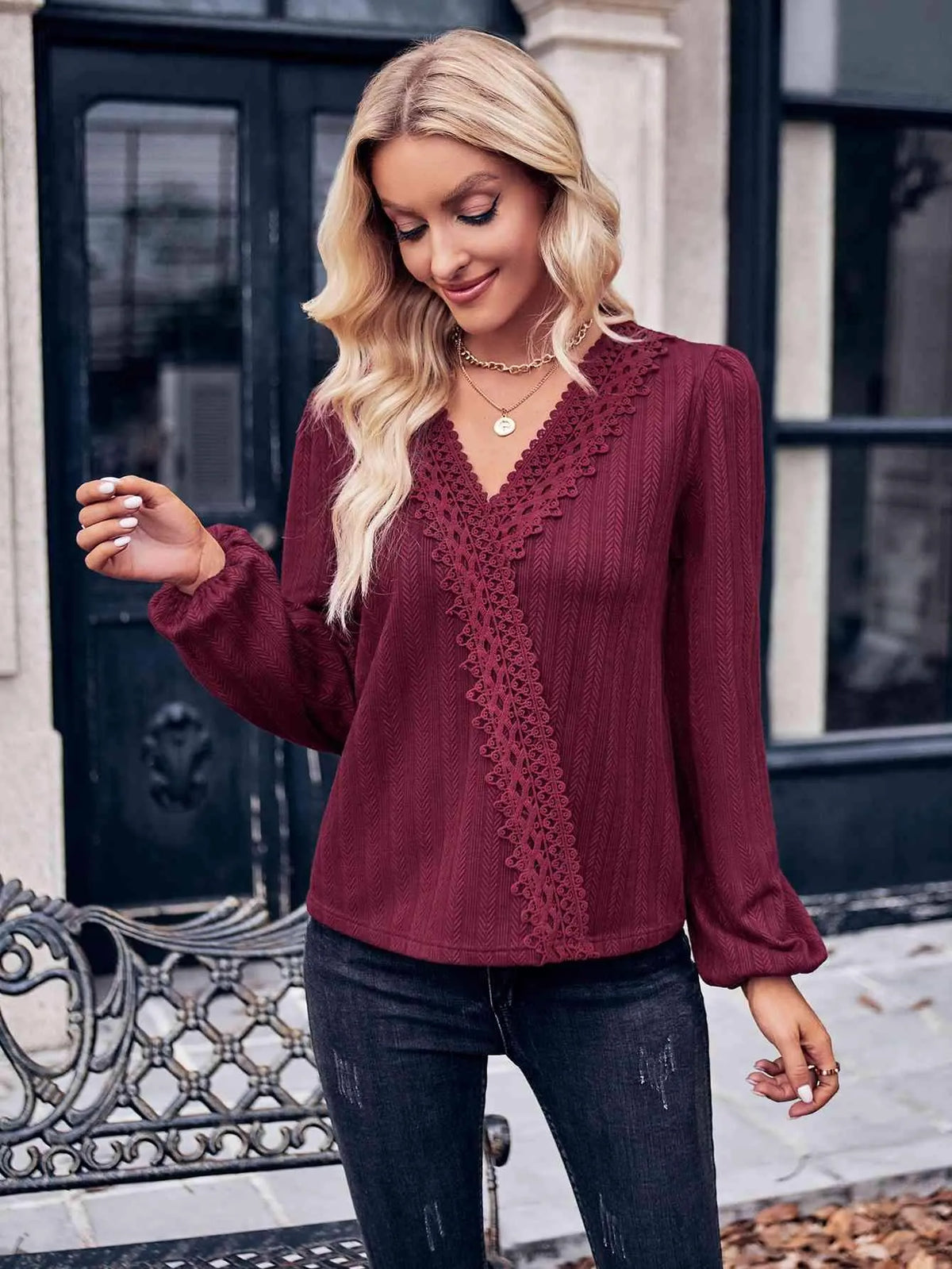 Puff Sleeve Surplice Neck Blouse Blouses - Tophatter Daily Deals