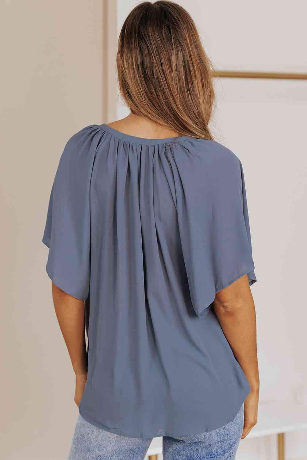 Gathered Detail Notched Neck Flutter Sleeve Top Blouses - Tophatter Daily Deals