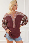 Plaid Notched Neck Slit Blouse Wine Blouses - Tophatter Daily Deals