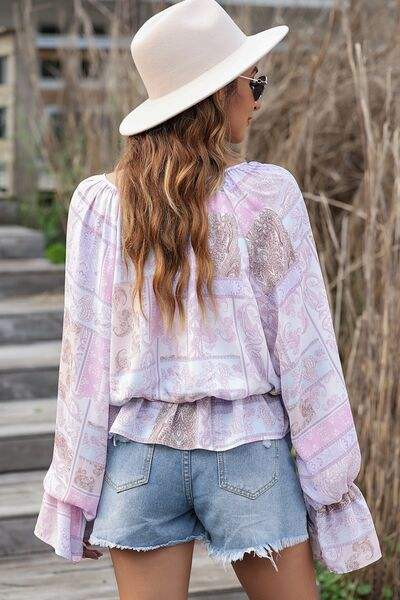 Printed Tie Neck Flounce Sleeve Blouse Blouses - Tophatter Daily Deals