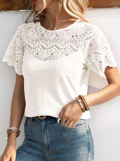 Openwork Round Neck Short Sleeve T-Shirt Women's T-Shirts - Tophatter Daily Deals