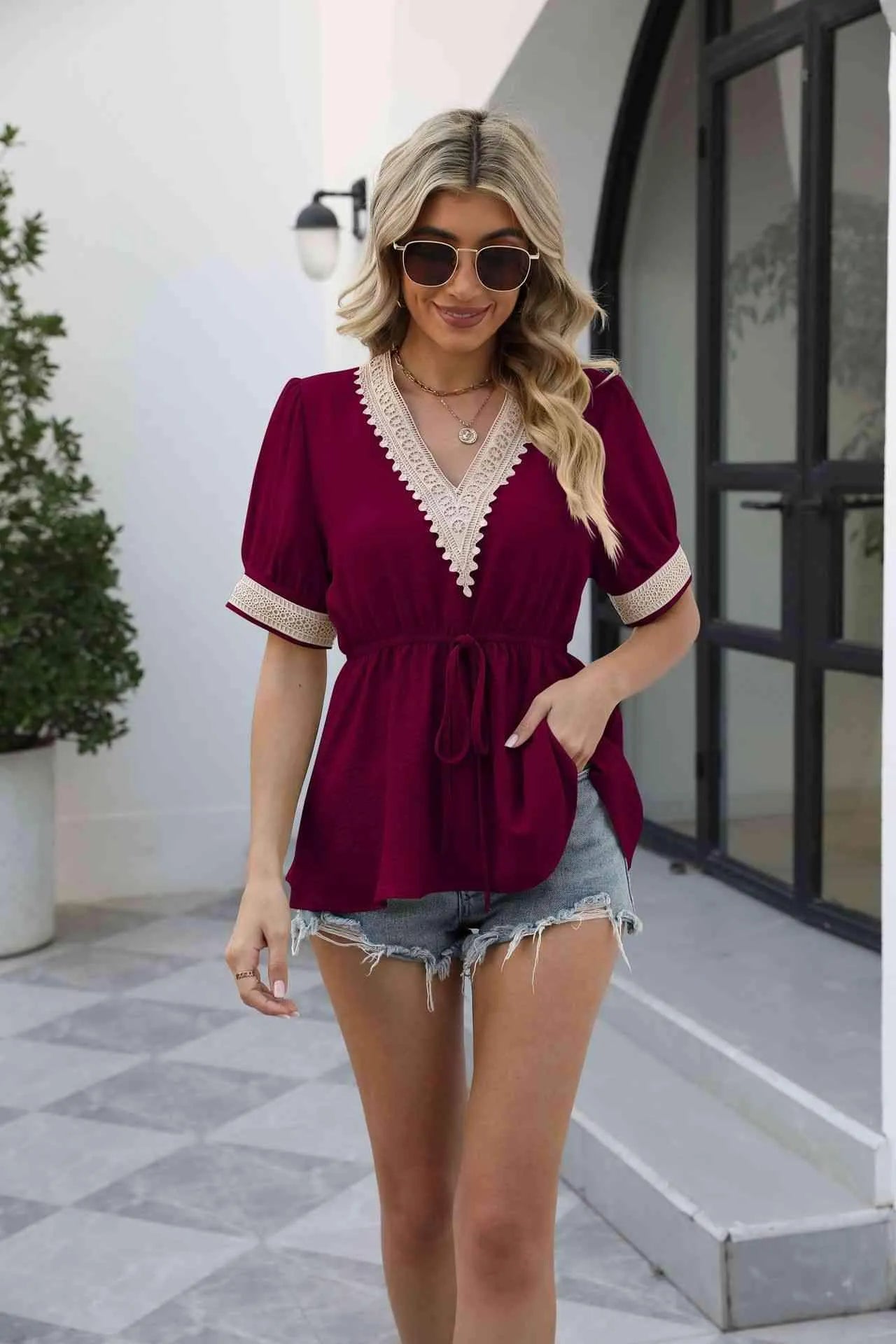 V-Neck Puff Sleeve Babydoll Top Blouses - Tophatter Daily Deals