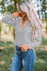 Striped Contrast Trim Quarter Snap T-Shirt Women's T-Shirts - Tophatter Daily Deals