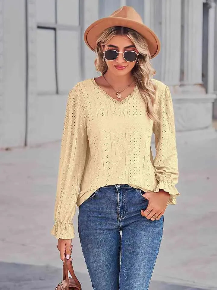 Eyelet V-Neck Flounce Sleeve Blouse Blouses - Tophatter Daily Deals