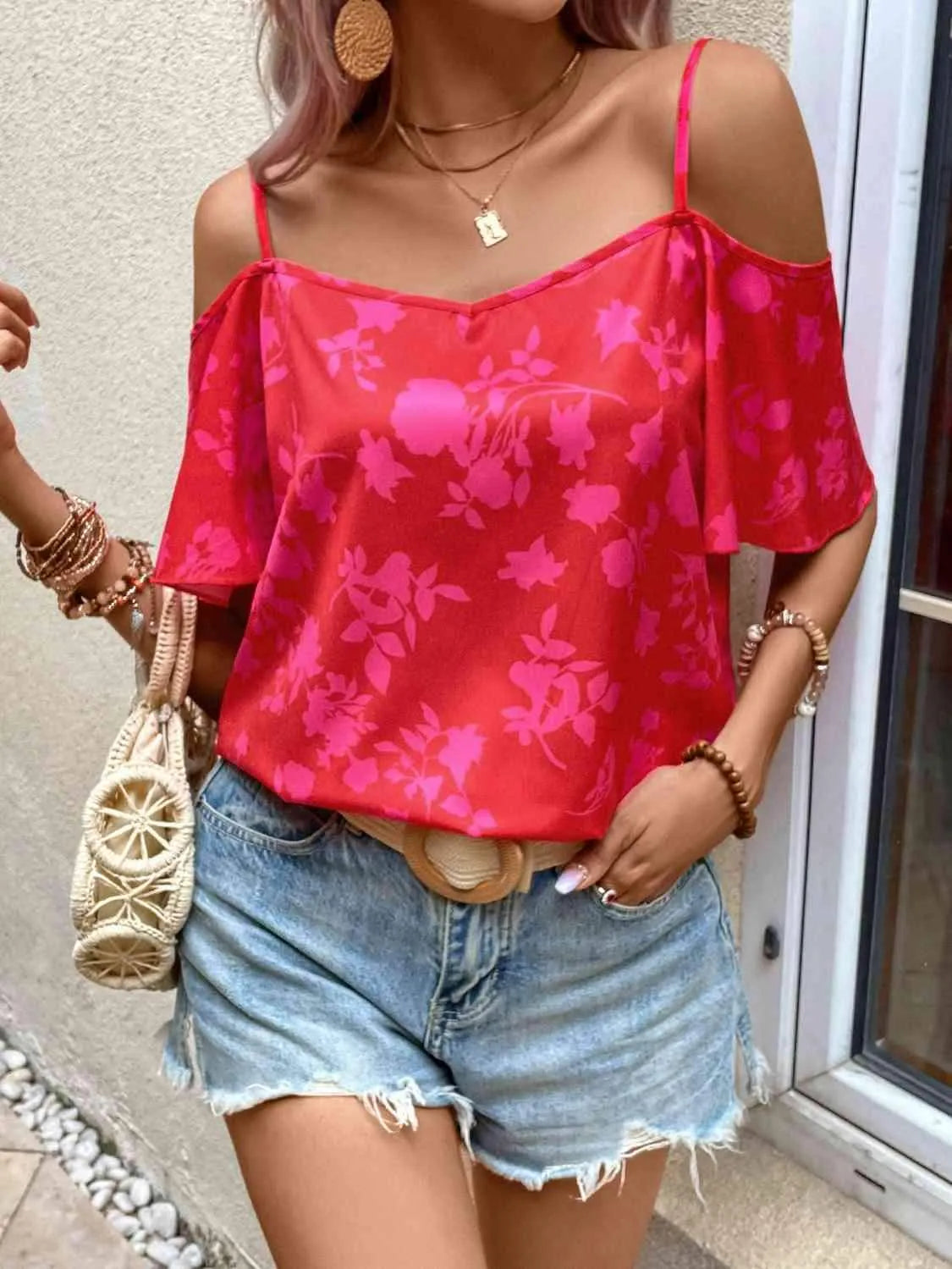 Cold Shoulder Short Flare Sleeve Blouse Blouses - Tophatter Daily Deals