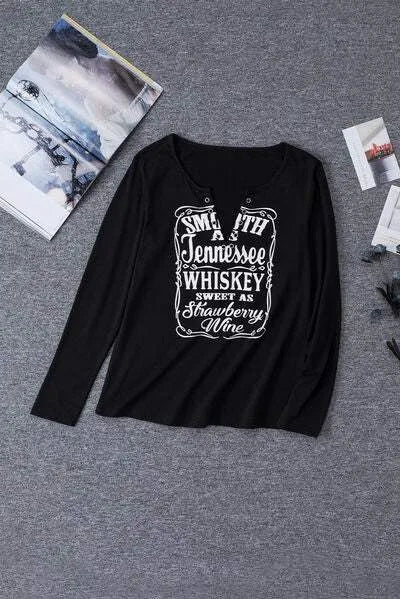Letter Graphic Notched Long Sleeve T-Shirt Women's T-Shirts - Tophatter Daily Deals