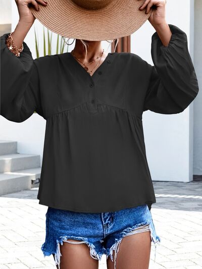 V-Neck Buttoned Balloon Sleeve Blouse - Tophatter Deals