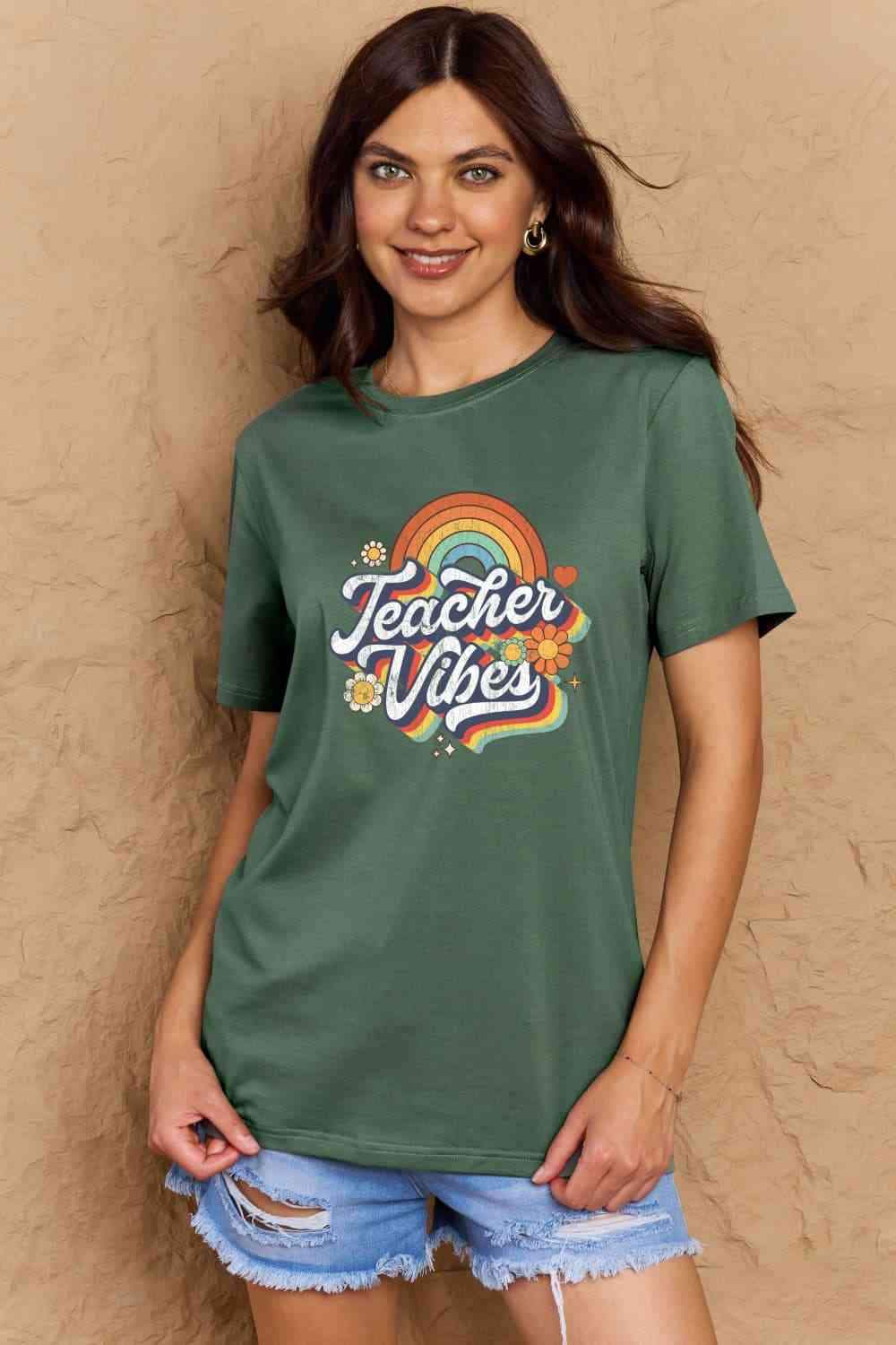 Simply Love Full Size TEACHER VIBES Graphic Cotton T-Shirt Women's T-Shirts - Tophatter Daily Deals