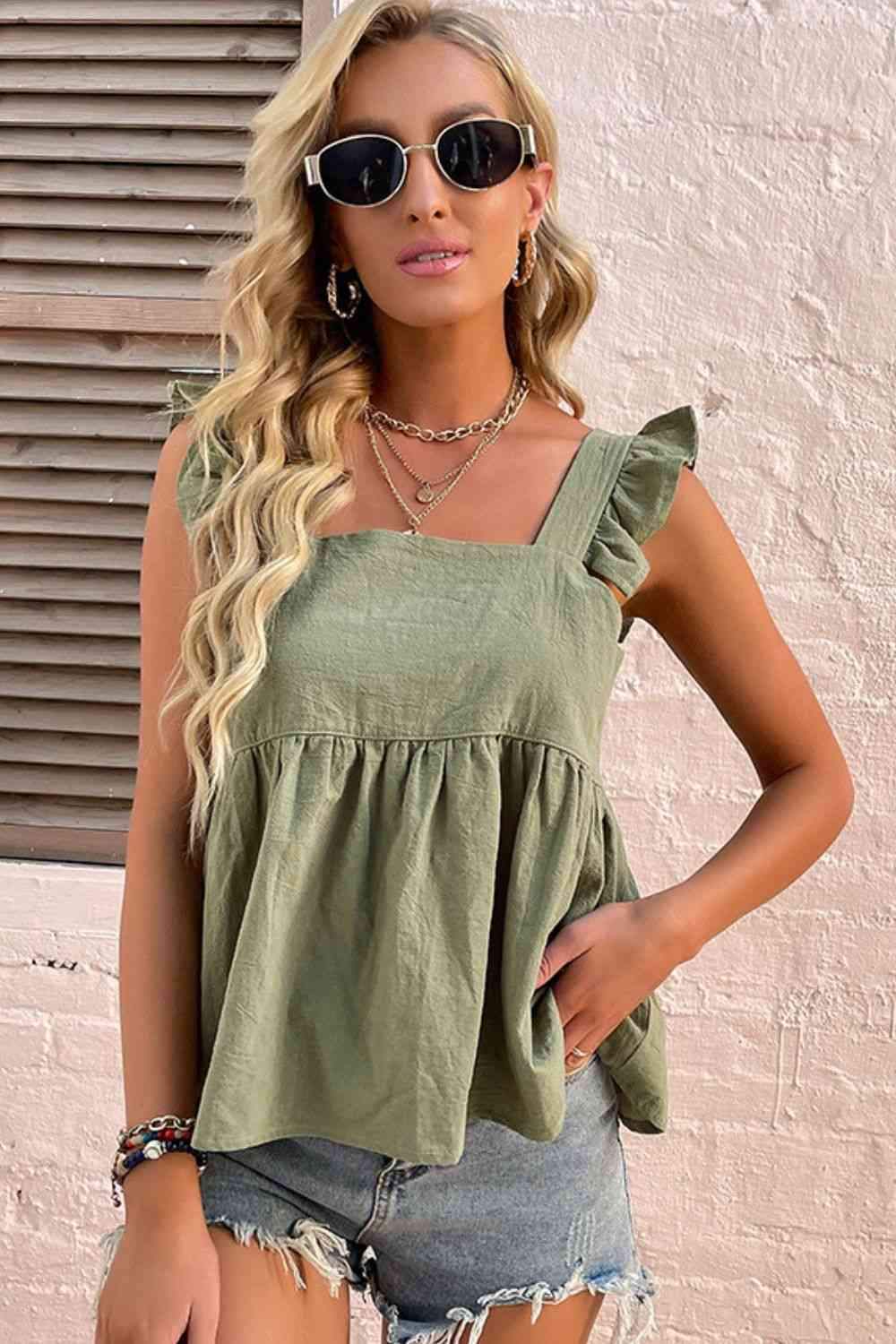 Ruffle Shoulder Babydoll Top Sage Blouses - Tophatter Daily Deals