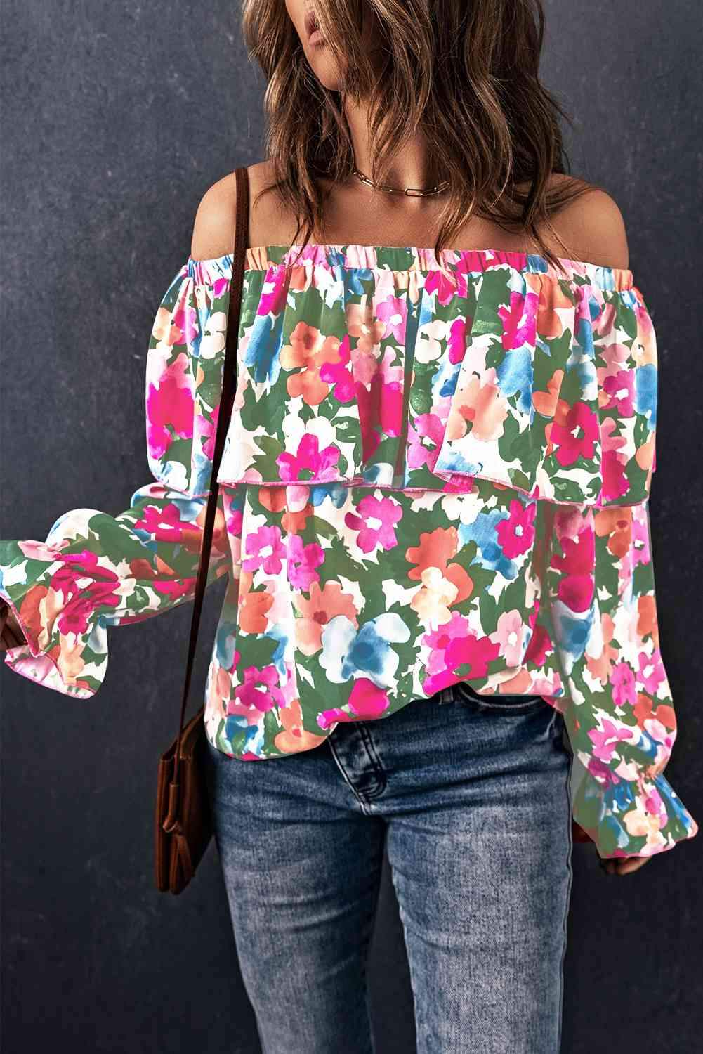 Floral Off-Shoulder Flounce Sleeve Layered Blouse Blouses - Tophatter Daily Deals