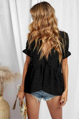 Swiss Dot Deep V Flounce Sleeve Blouse Blouses - Tophatter Daily Deals