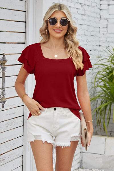 Square Neck Flutter Sleeve T-Shirt Wine Women's T-Shirts - Tophatter Daily Deals