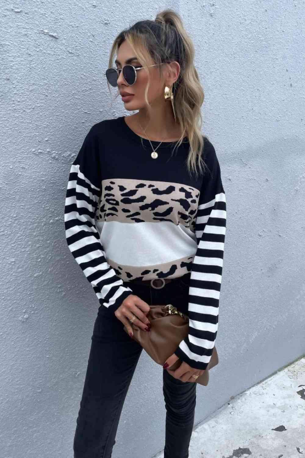 Mixed Print Color Block Knitted Pullover Black Blouses - Tophatter Daily Deals