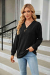 Decorative Button V-Neck Long Sleeve T-Shirt Black Women's T-Shirts - Tophatter Daily Deals