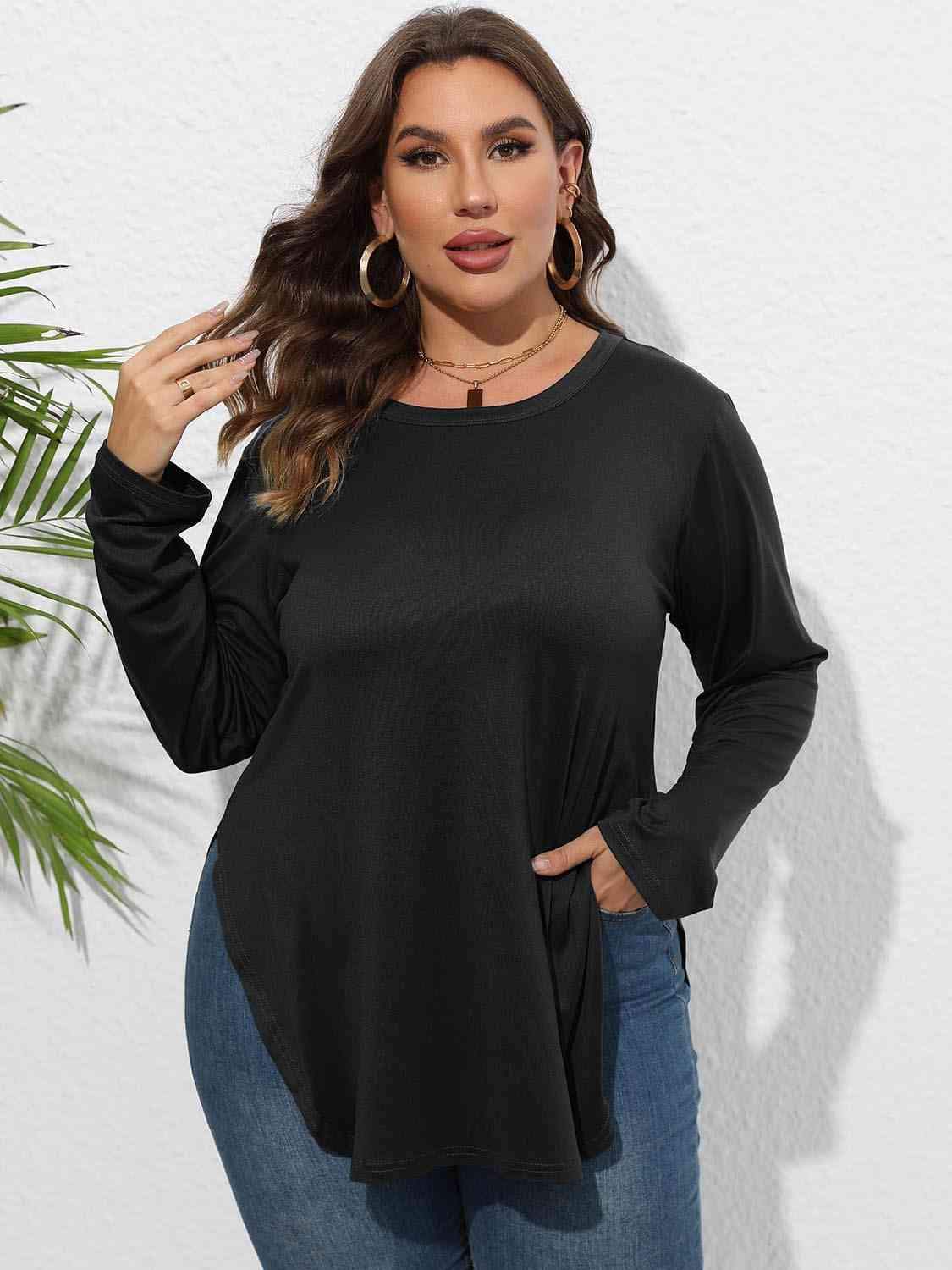 Plus Size Round Neck Long Sleeve Slit T-Shirt Women's T-Shirts - Tophatter Daily Deals