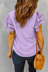 Round Neck Openwork Flutter Sleeve Top Blouses - Tophatter Daily Deals