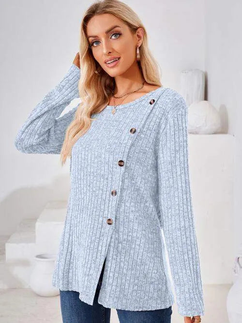 Ribbed Buttoned Round Neck Slit T-Shirt Women's T-Shirts - Tophatter Daily Deals