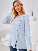 Ribbed Buttoned Round Neck Slit T-Shirt Women's T-Shirts - Tophatter Daily Deals