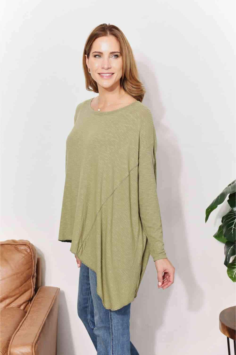 HEYSON Full Size Oversized Super Soft Rib Layering Top with a Sharkbite Hem and Round Neck Blouses - Tophatter Daily Deals