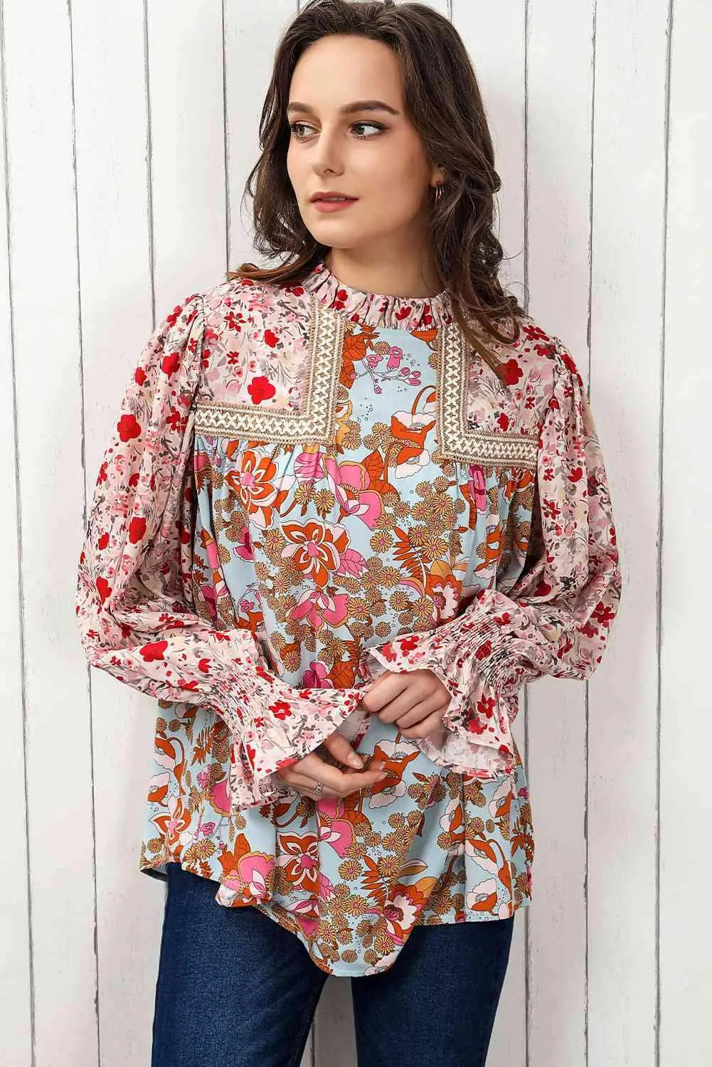 Floral Print Flounce Sleeve Mock Neck Blouse Blouses - Tophatter Daily Deals