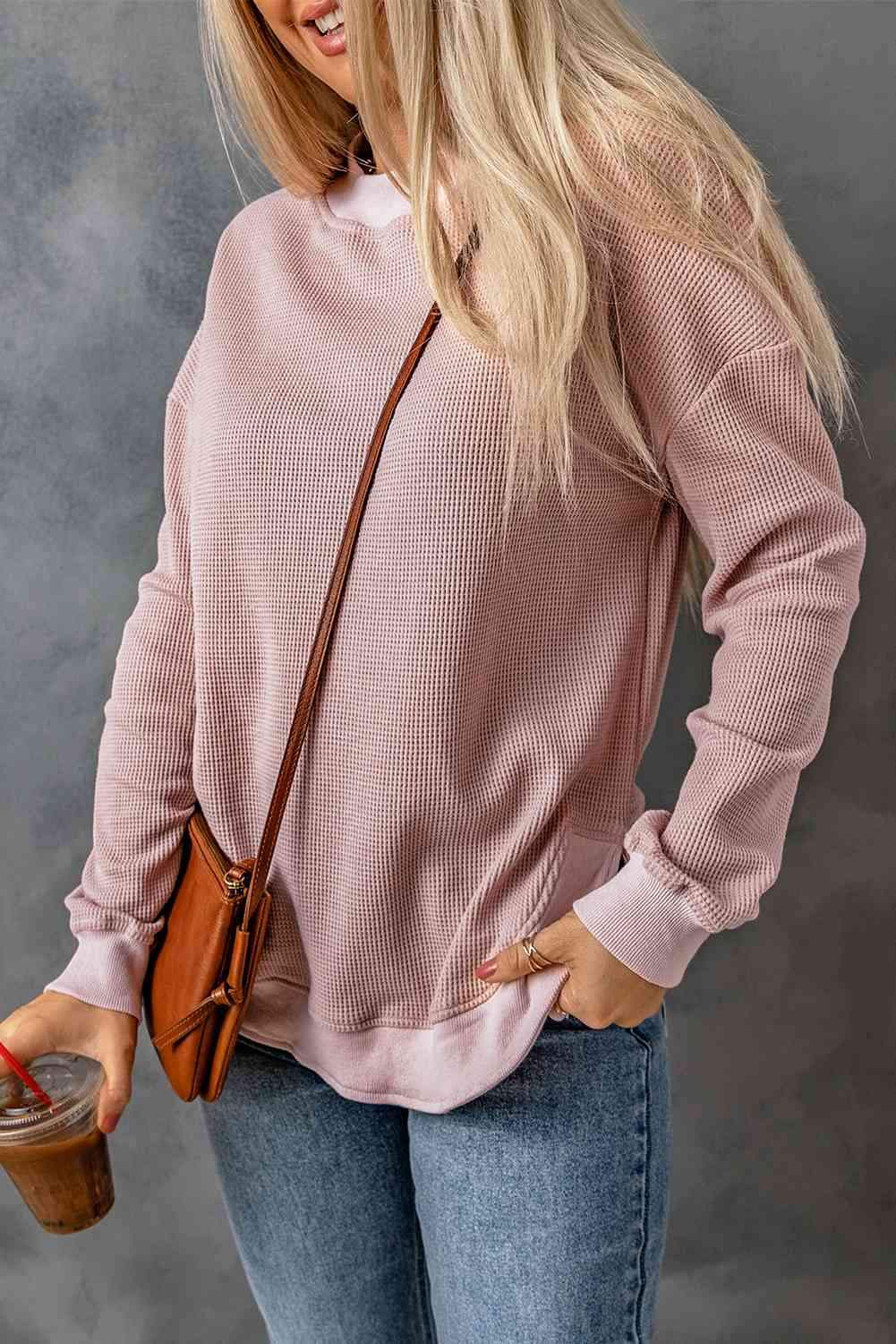 Waffle-Knit Crewneck Drop Shoulder Top Women's T-Shirts - Tophatter Daily Deals