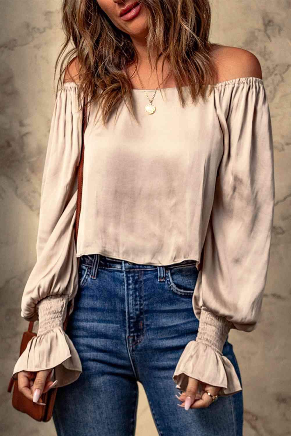 Smocked Flounce Sleeve Off-Shoulder Blouse Blouses - Tophatter Daily Deals