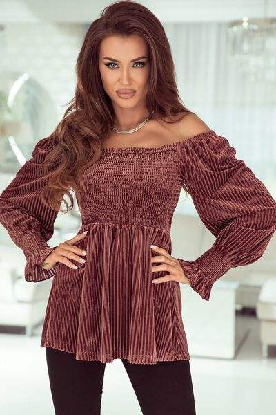 Smocked Ribbed Velvet Babydoll Top Blouses - Tophatter Daily Deals