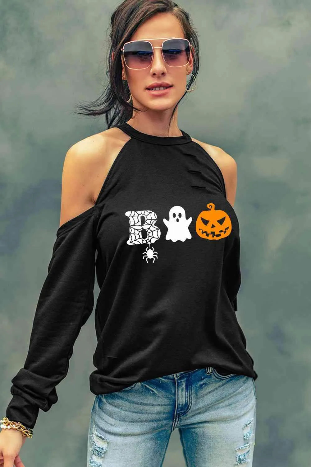 Cold Shoulder Boo Graphic Distressed Blouse Blouses - Tophatter Daily Deals