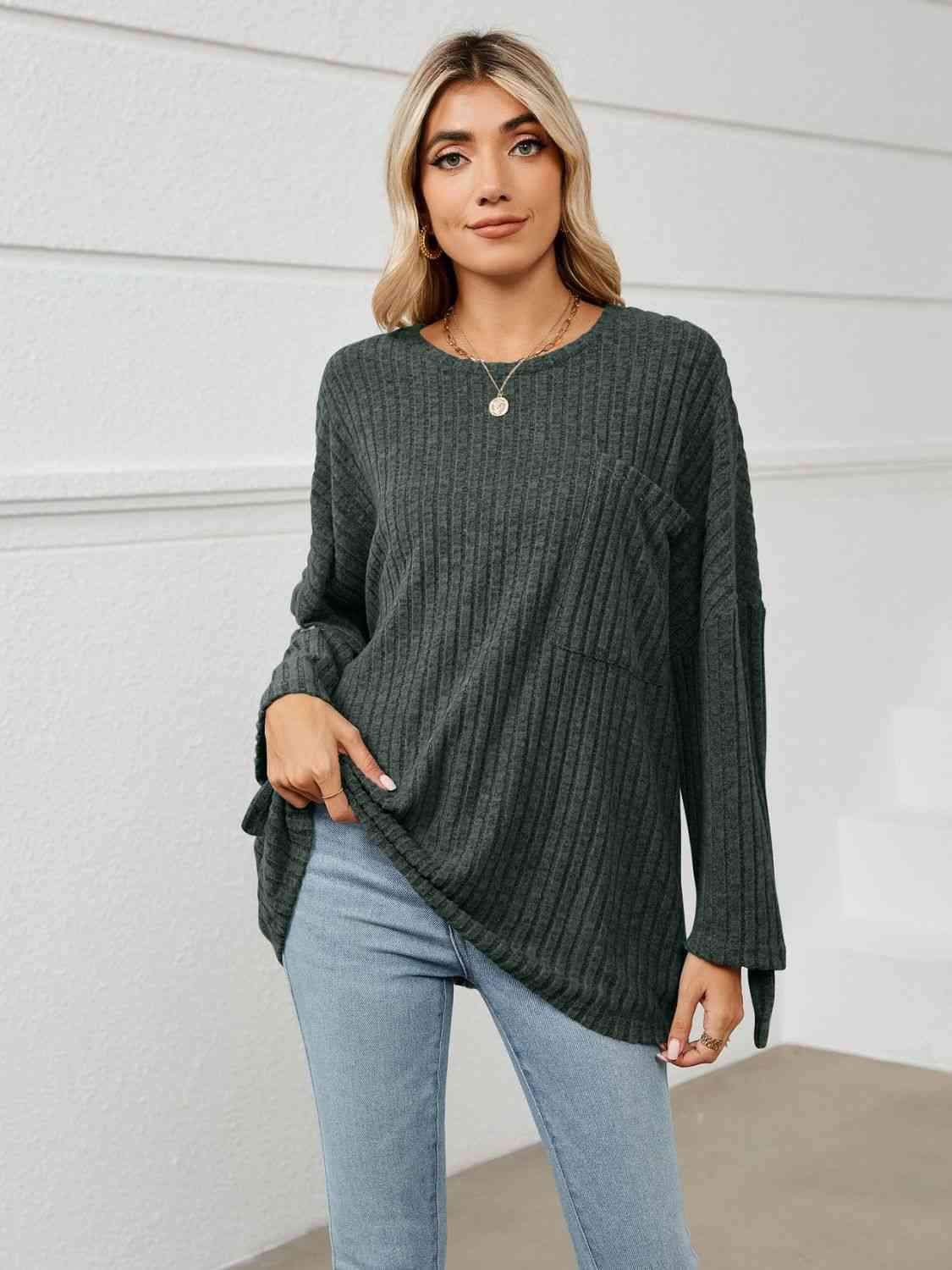 Round Neck Ribbed Long Sleeve T-Shirt Black Forest Women's T-Shirts - Tophatter Daily Deals