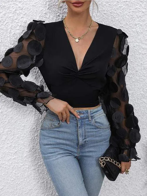 Ruched Plunge Mesh Long Sleeves Blouse Blouses - Tophatter Daily Deals