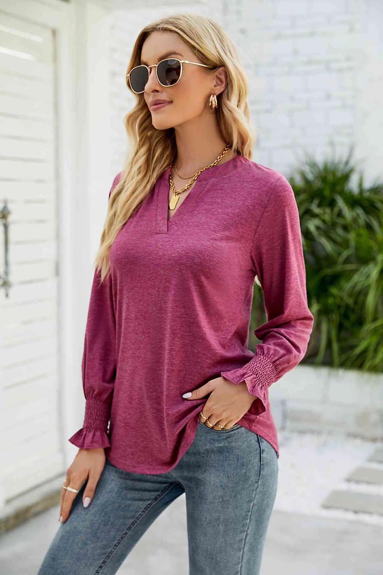 Heathered Flounce Sleeve Curved Hem Top Wine Blouses - Tophatter Daily Deals
