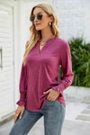Heathered Flounce Sleeve Curved Hem Top Wine Blouses - Tophatter Daily Deals