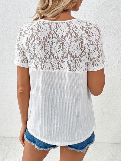 Lace Detail V-Neck Short Sleeve T-Shirt Women's T-Shirts - Tophatter Daily Deals