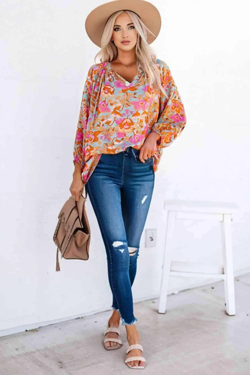 Floral Frill Trim Balloon Sleeve Blouse Blouses - Tophatter Daily Deals