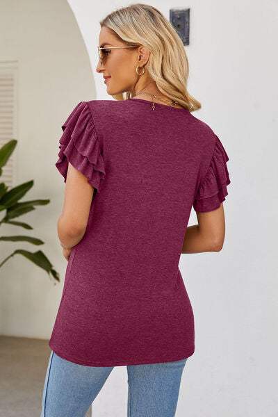 Ruffled V-Neck Flutter Sleeve T-Shirt Women's T-Shirts - Tophatter Daily Deals