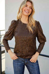 Sequin Puff Sleeve Round Neck Top Brown Blouses - Tophatter Daily Deals