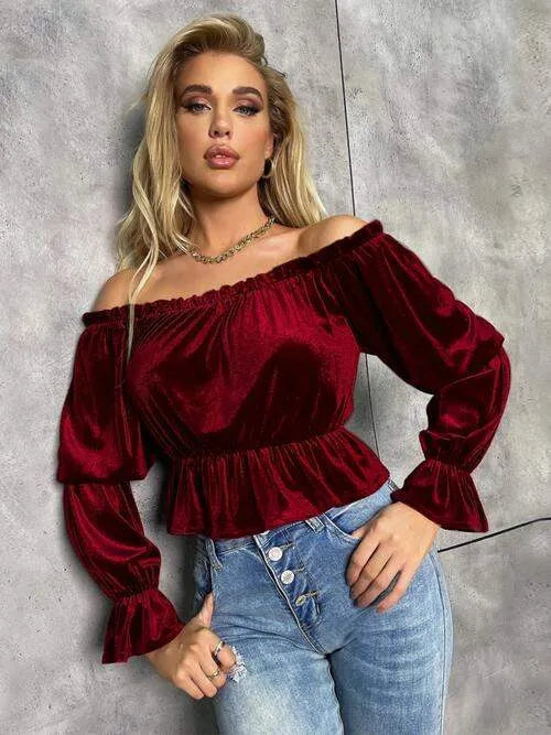 Off-Shoulder Flounce Sleeve Blouse Blouses - Tophatter Daily Deals