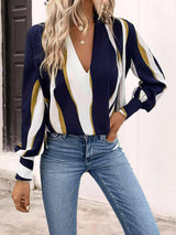 Printed V-Neck Long Sleeve Blouse Blouses - Tophatter Daily Deals