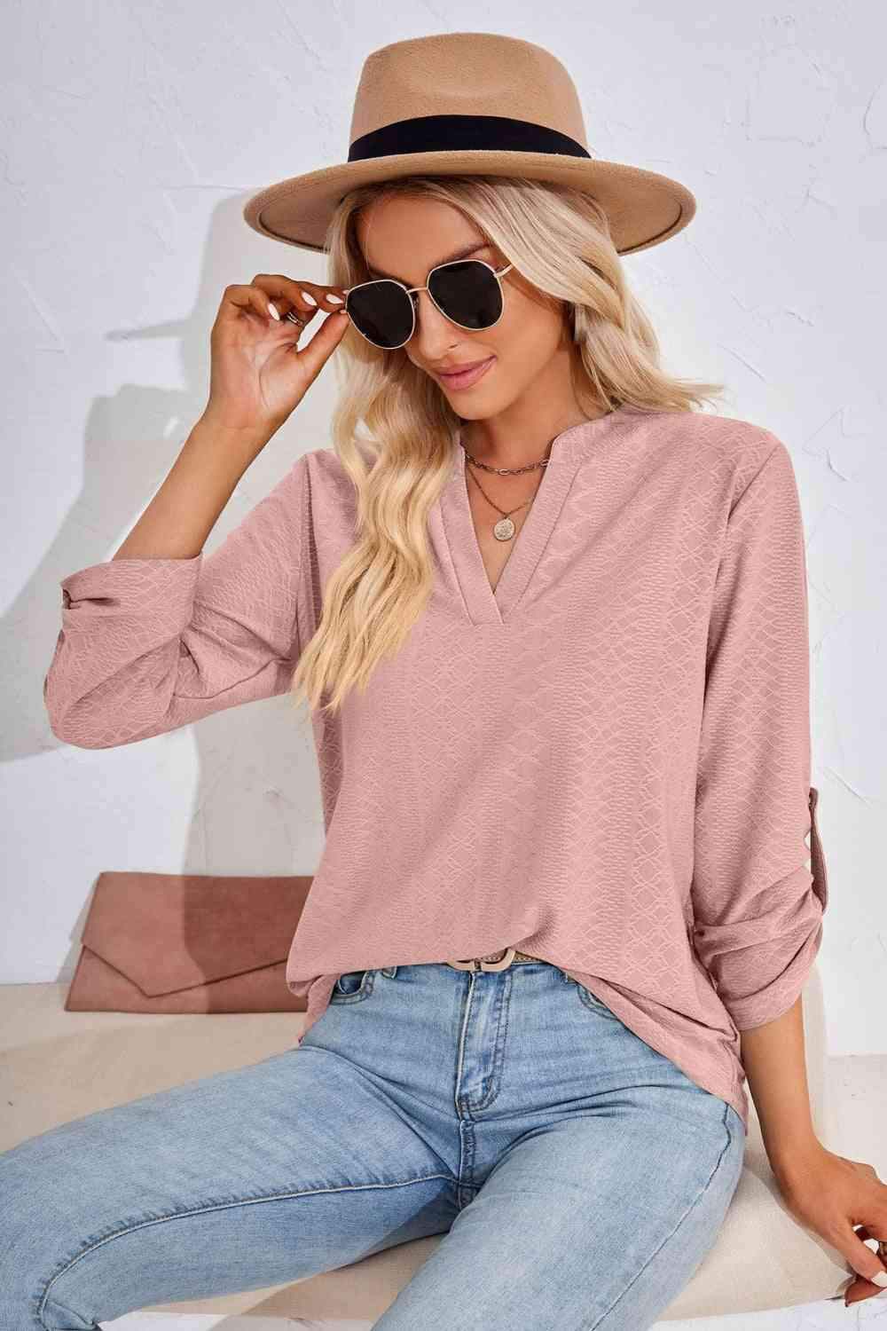 V-Neck Roll-Tap Sleeve Blouse Blouses - Tophatter Daily Deals