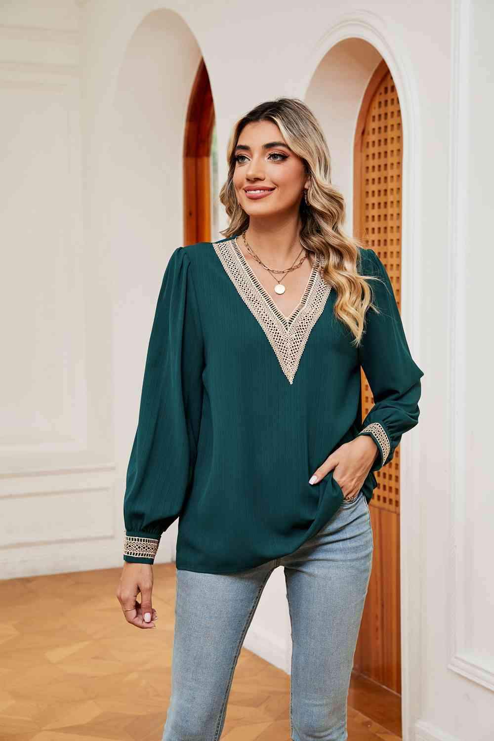 Contrast Puff Sleeve Blouse Green Blouses - Tophatter Daily Deals